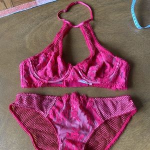 Mesh and Lace Halter Bra and Chekini set